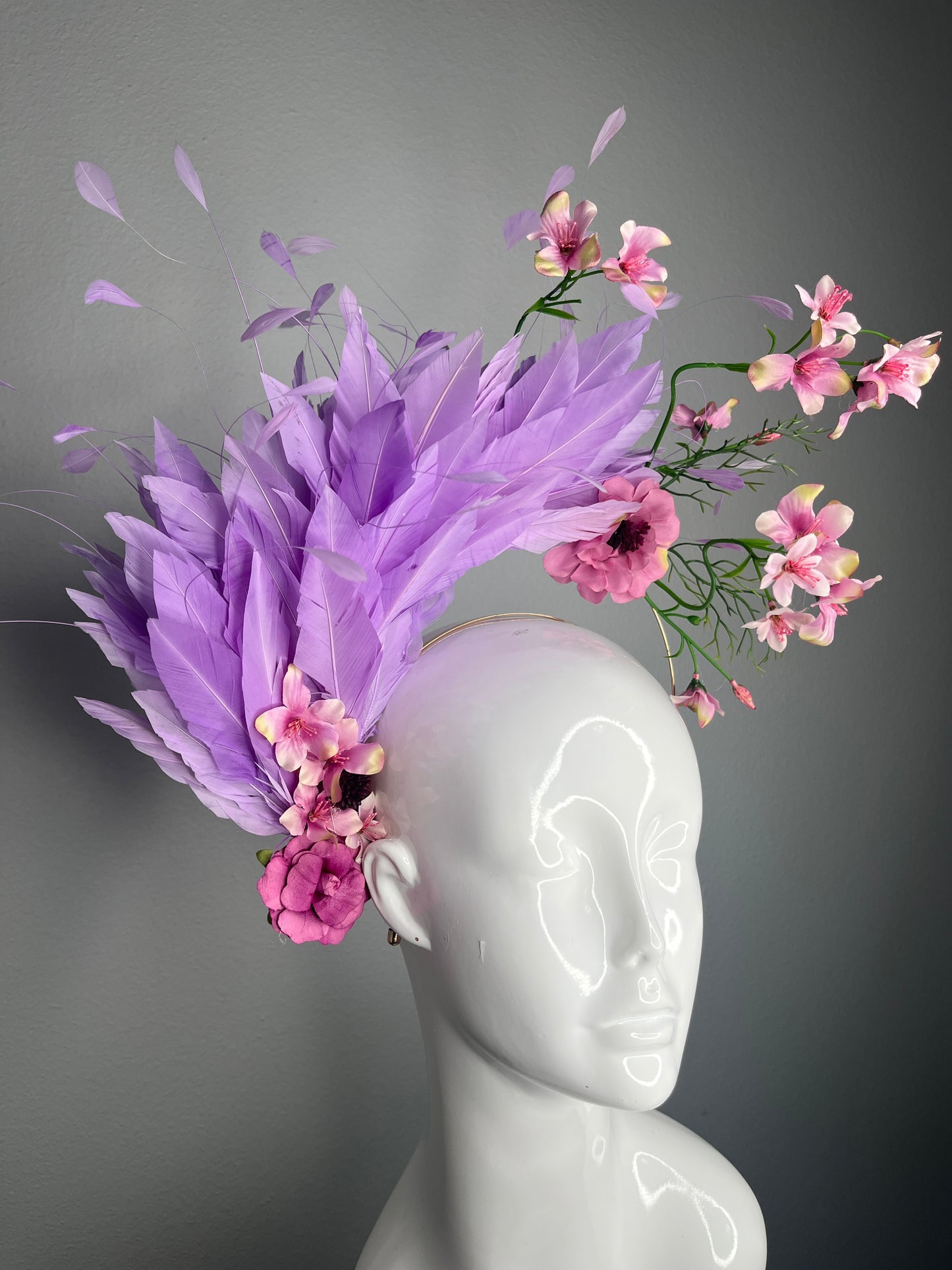 Kentucky Derby Hat Fascinator  Lavender Goose Feathers with Pink Floral Sprays, Fuchsia Flowers & Gold Headband