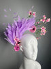 Kentucky Derby Hat Fascinator  Lavender Goose Feathers with Pink Floral Sprays, Fuchsia Flowers & Gold Headband