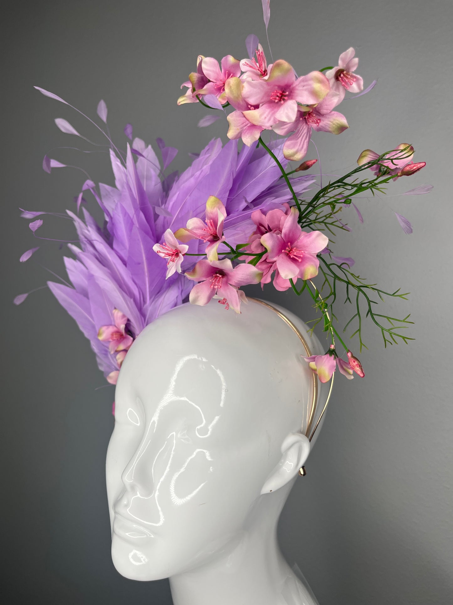 Kentucky Derby Hat Fascinator  Lavender Goose Feathers with Pink Floral Sprays, Fuchsia Flowers & Gold Headband