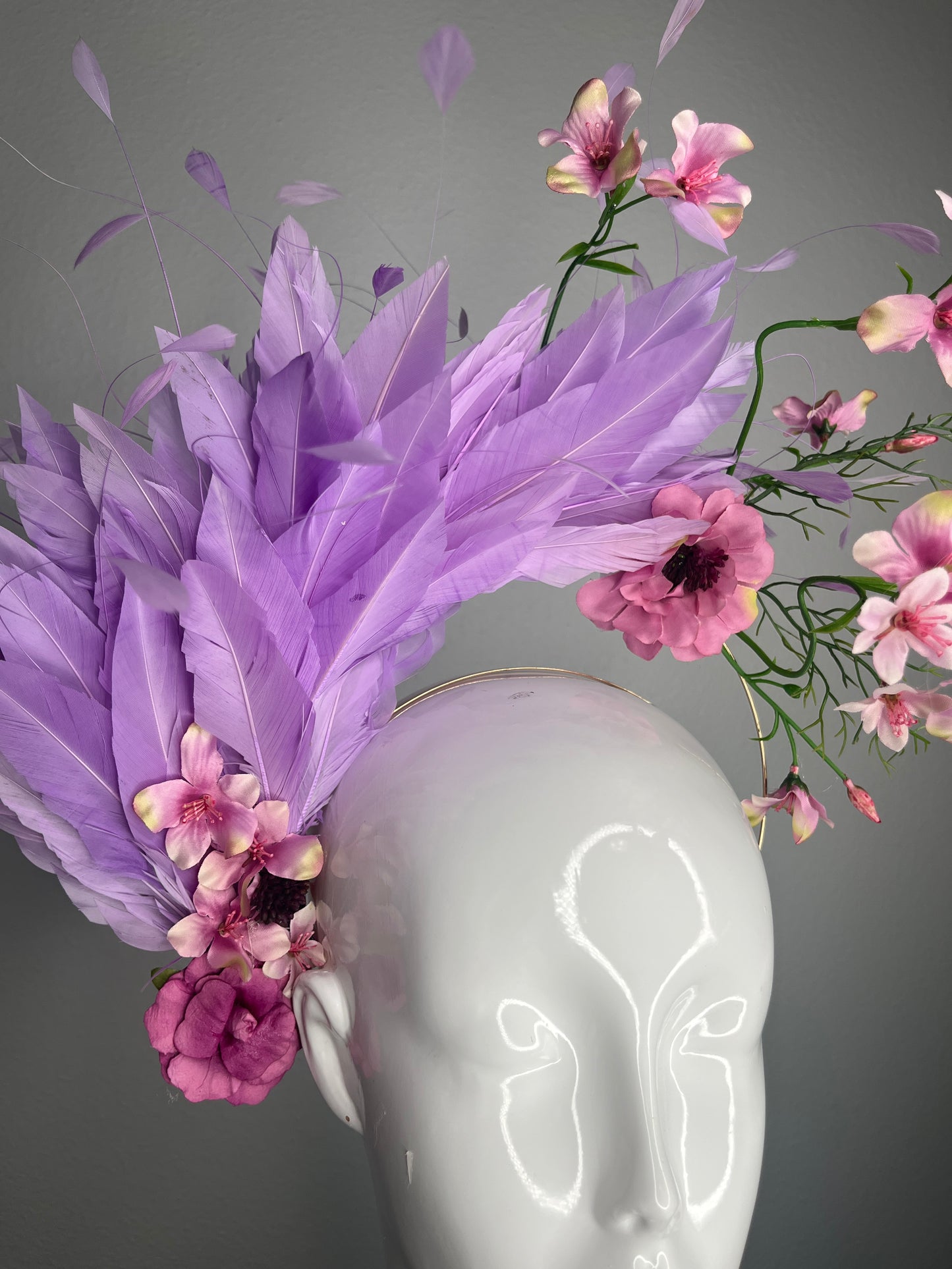 Kentucky Derby Hat Fascinator  Lavender Goose Feathers with Pink Floral Sprays, Fuchsia Flowers & Gold Headband