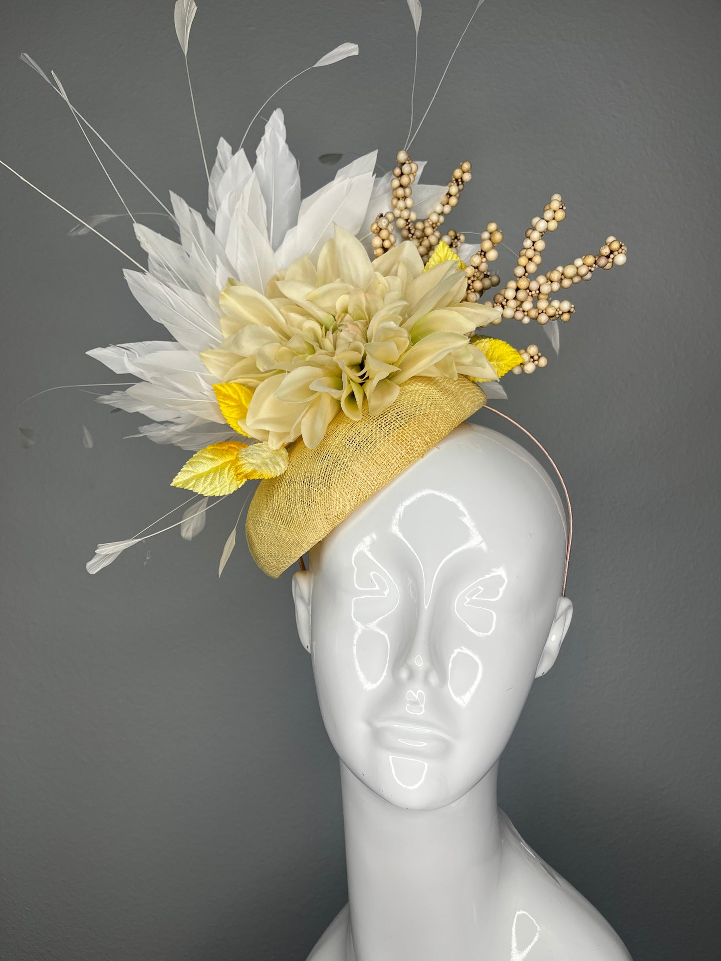 Butter Yellow Sinamay Fascinator Hat with Ivory Dahlia Flower White Feather Spray  Berry Branches  Elegant Headband  Kentucky Derby
