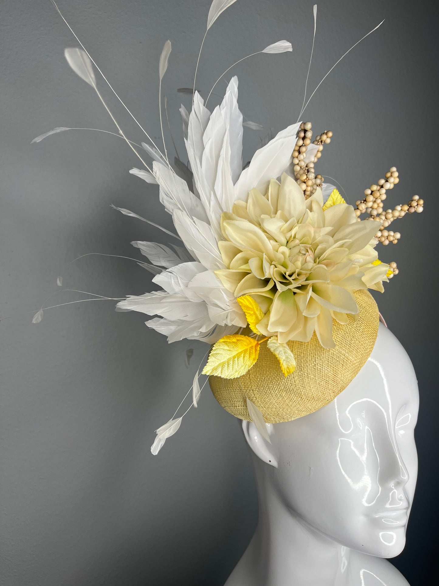 Butter Yellow Sinamay Fascinator Hat with Ivory Dahlia Flower White Feather Spray  Berry Branches  Elegant Headband  Kentucky Derby