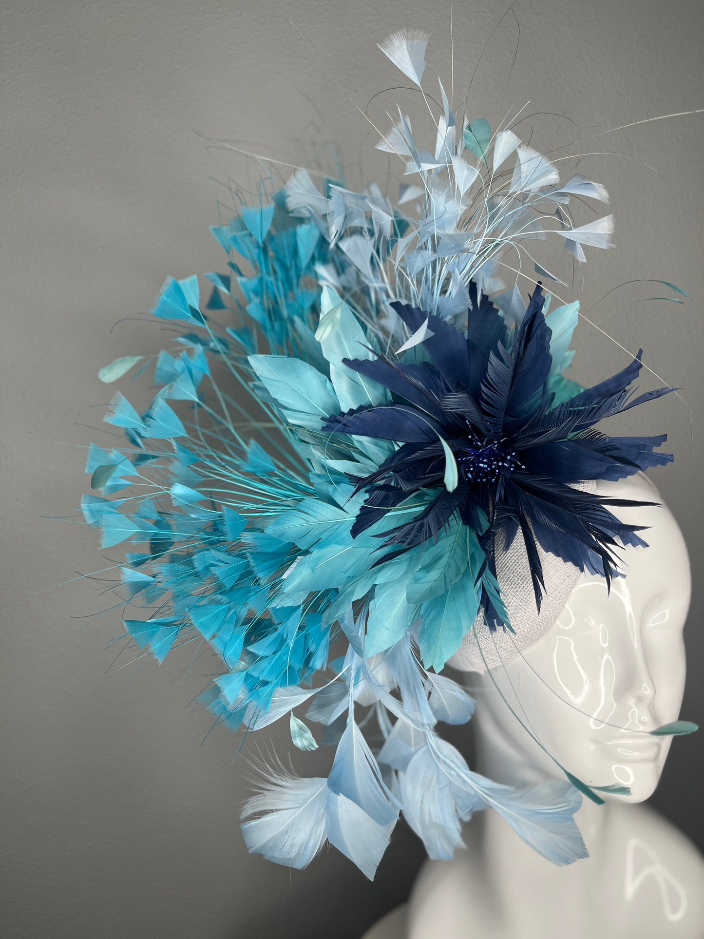 Kentucky Derby Hat Fascinator Ivory Sinamay with Navy Blue Feather Flower Aqua Blue Couture Statement Headpiece  Race Day