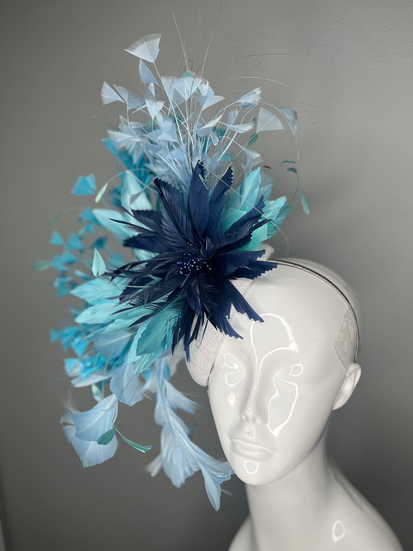 Kentucky Derby Hat Fascinator Ivory Sinamay with Navy Blue Feather Flower Aqua Blue Couture Statement Headpiece  Race Day