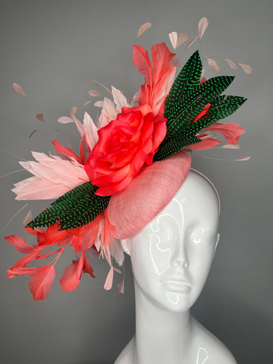 Kentucky Derby Fascinator Hat  Blush Pink Sinamay with Coral Rose Coral and Blush Feathers Green Guinea Feather Accents Race Day