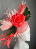 Kentucky Derby Fascinator Hat  Blush Pink Sinamay with Coral Rose Coral and Blush Feathers Green Guinea Feather Accents Race Day