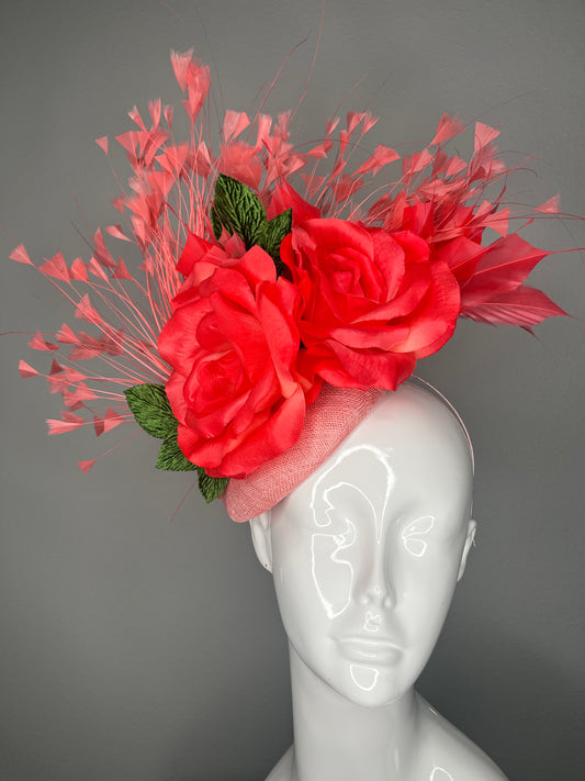 Kentucky Derby Fascinator Hat Sinamay with Coral Rose Flowers and Coral Feather Spray  Race Day Headpiece