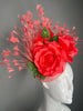 Kentucky Derby Fascinator Hat Sinamay with Coral Rose Flowers and Coral Feather Spray  Race Day Headpiece