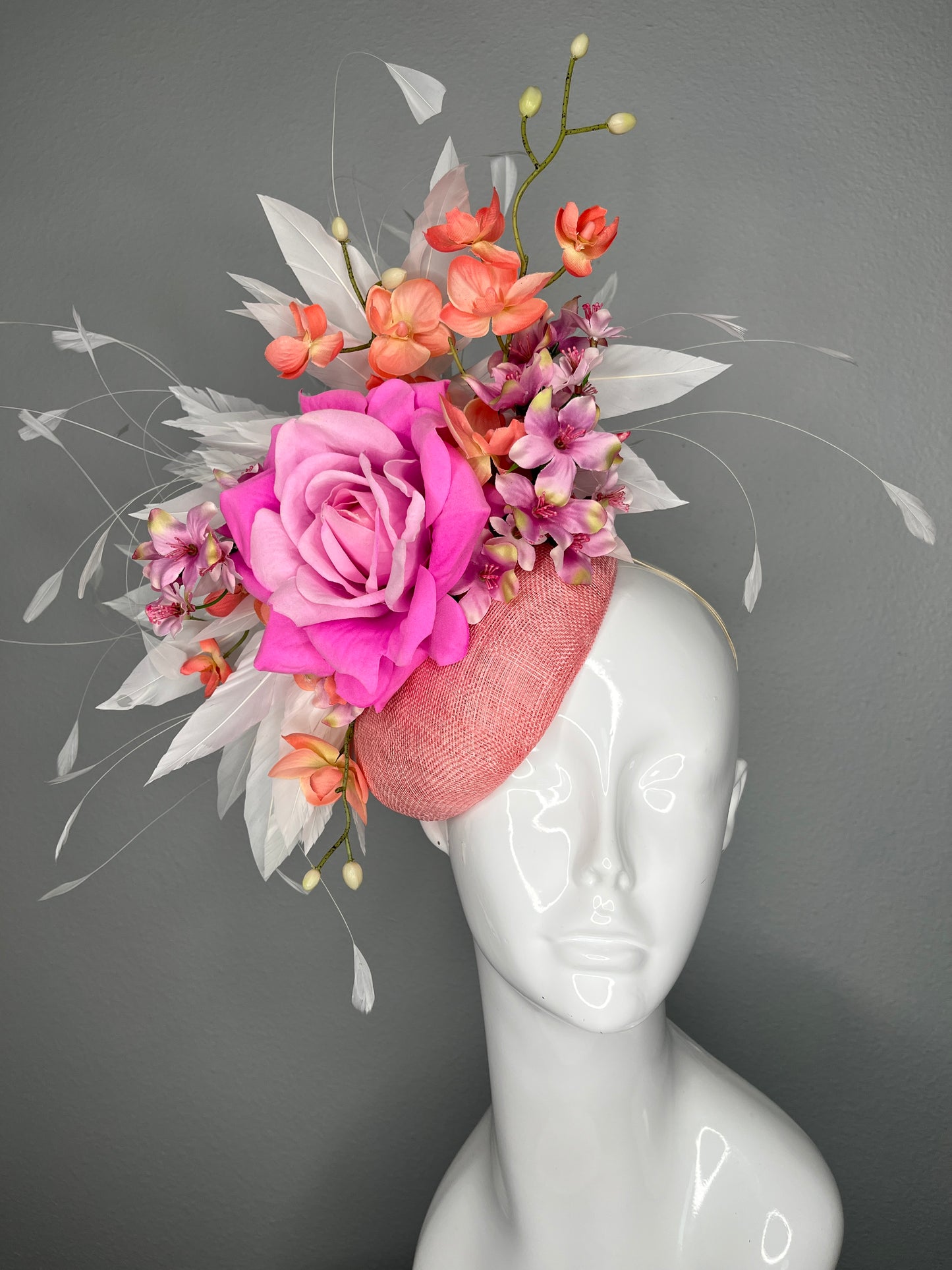 Kentucky Derby Fascinator Blush Pink Sinamay with Hot Pink Rose Coral Orchids White Feathers and Floral Couture Headpiece