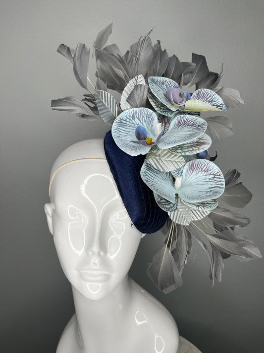 Kentucky Derby Fascinator Hat  Navy Blue Satin with Blue Orchids Silver Leaves  Gray Feather Couture Headpiece