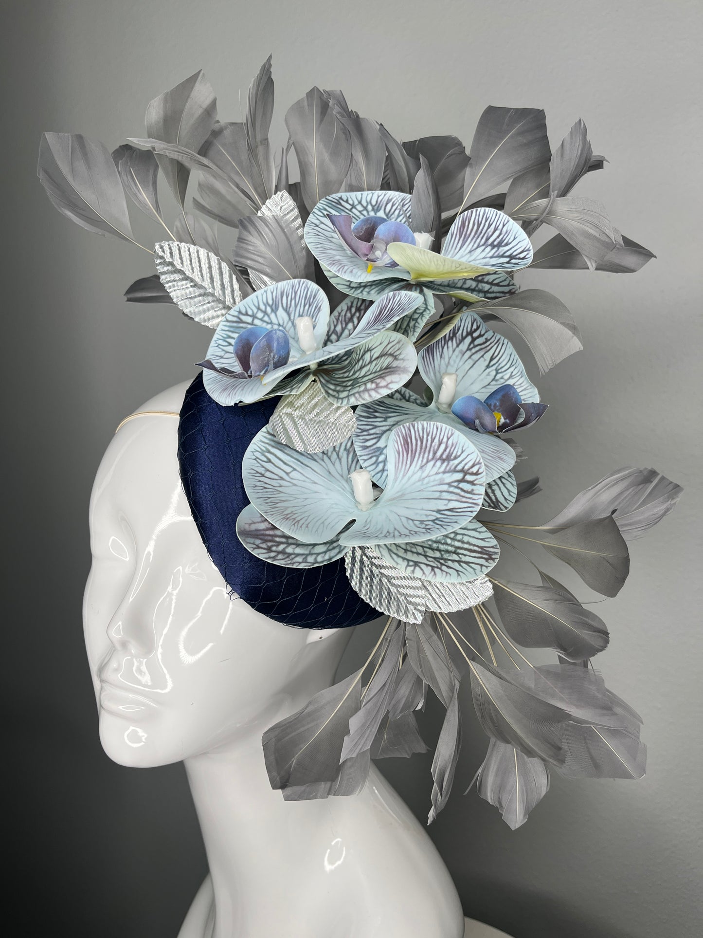 Kentucky Derby Fascinator Hat  Navy Blue Satin with Blue Orchids Silver Leaves  Gray Feather Couture Headpiece