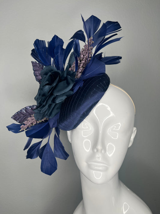 Navy Satin Fascinator  Silk Flower Feather Spray  Berry Accents  Derby Headpiece
