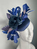 Navy Satin Fascinator  Silk Flower Feather Spray  Berry Accents  Derby Headpiece