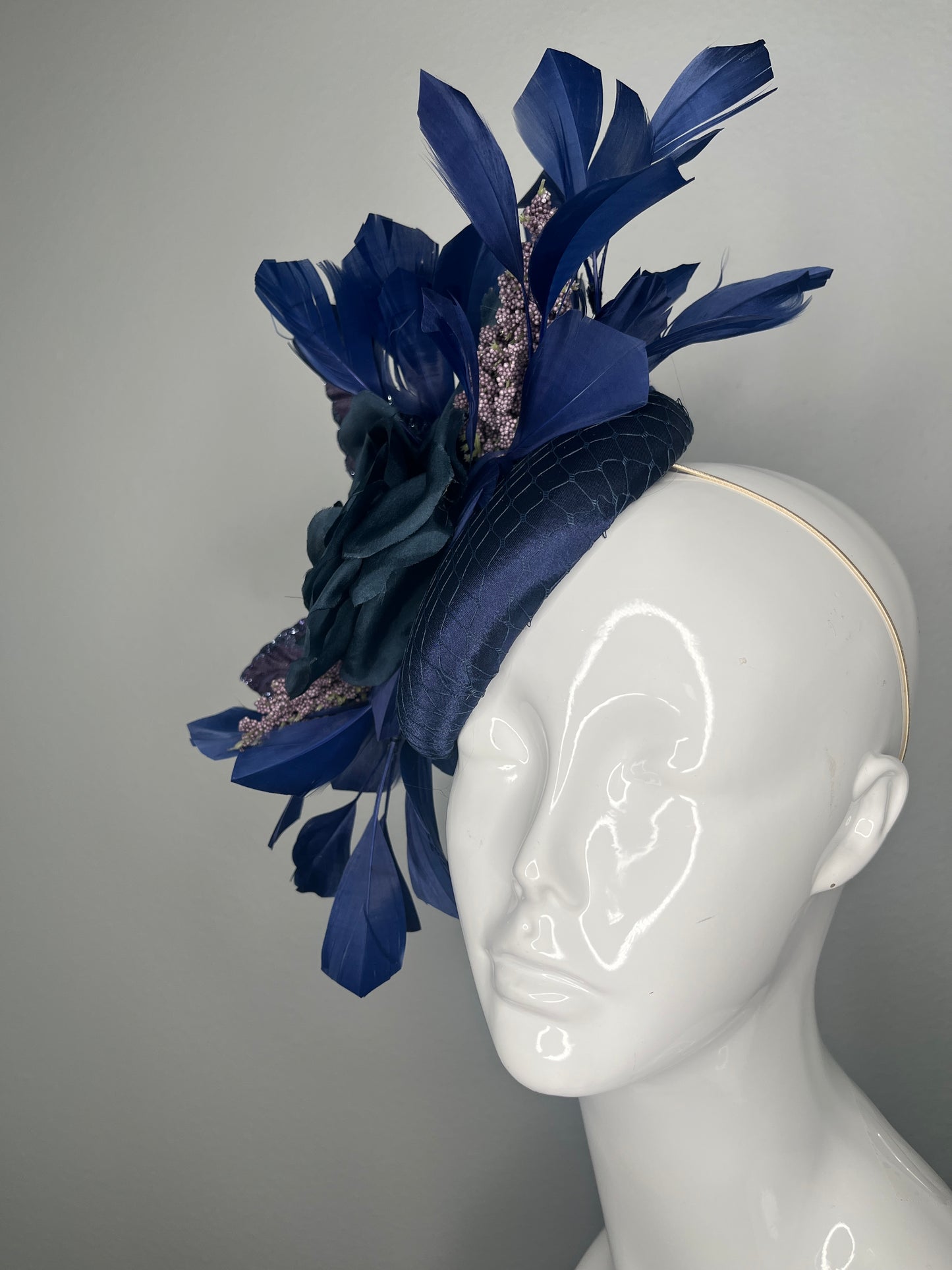 Navy Satin Fascinator  Silk Flower Feather Spray  Berry Accents  Derby Headpiece