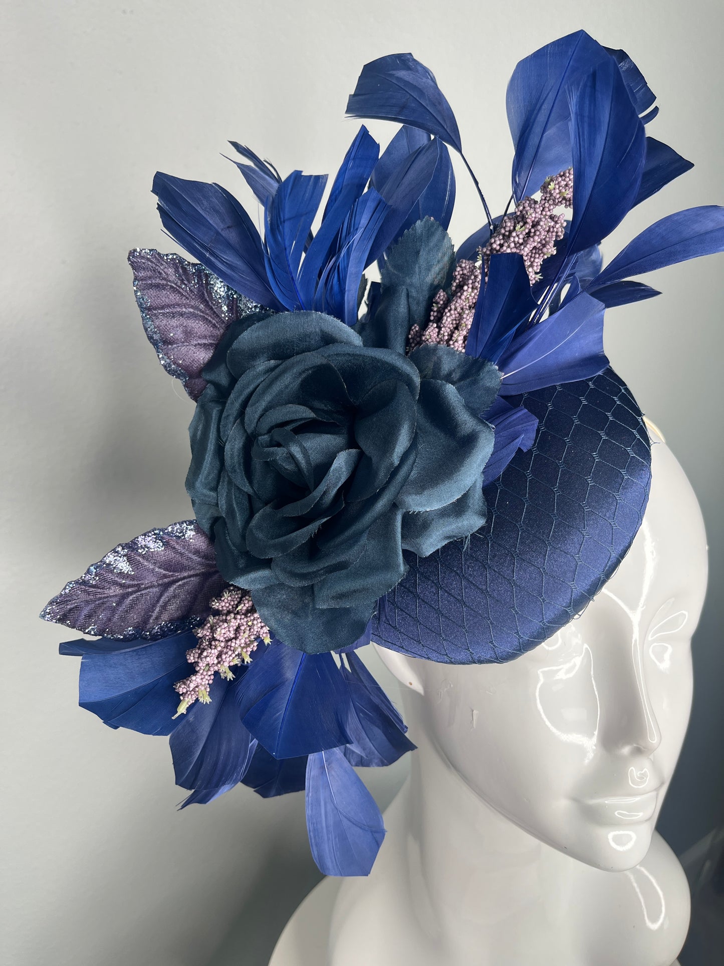 Navy Satin Fascinator  Silk Flower Feather Spray  Berry Accents  Derby Headpiece