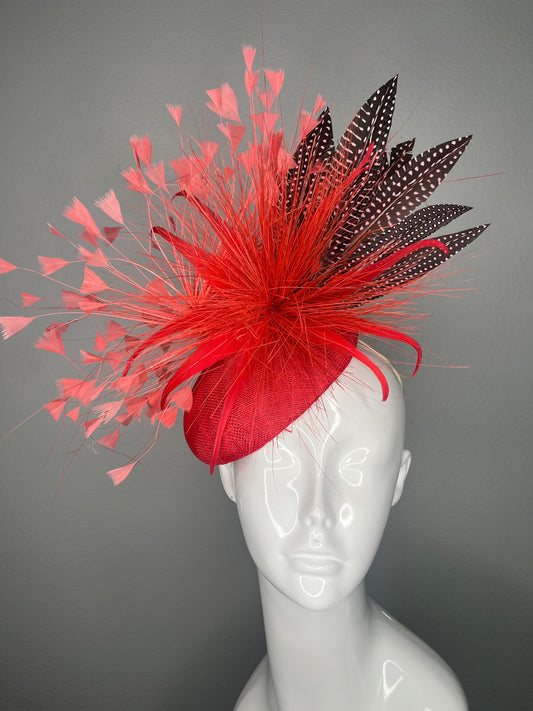 Red Sinamay Fascinator with Firework Feather Burst Polka Dot Feathers Coral Sprays Kentucky Derby Breeders Cup Royal Ascot Hat
