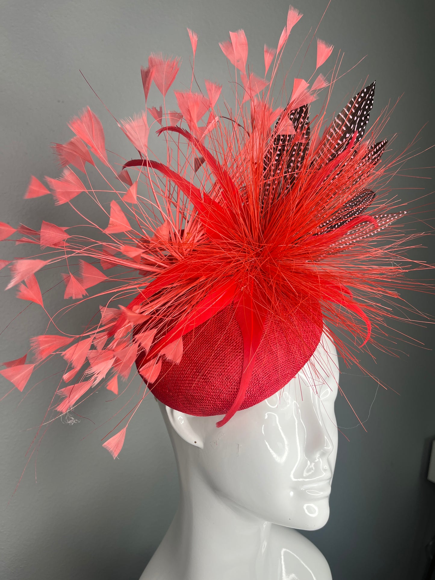 Red Sinamay Fascinator with Firework Feather Burst Polka Dot Feathers Coral Sprays Kentucky Derby Breeders Cup Royal Ascot Hat