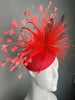 Red Sinamay Fascinator with Firework Feather Burst Polka Dot Feathers Coral Sprays Kentucky Derby Breeders Cup Royal Ascot Hat