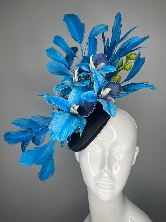 Black Satin Fascinator with Electric Blue Orchids Cobalt Feather Spray Green Orchid Buds Kentucky Derby Breeders Cup  Royal Ascot Hat