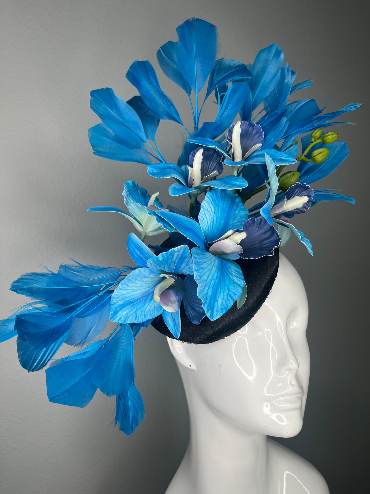 Black Satin Fascinator with Electric Blue Orchids Cobalt Feather Spray Green Orchid Buds Kentucky Derby Breeders Cup  Royal Ascot Hat