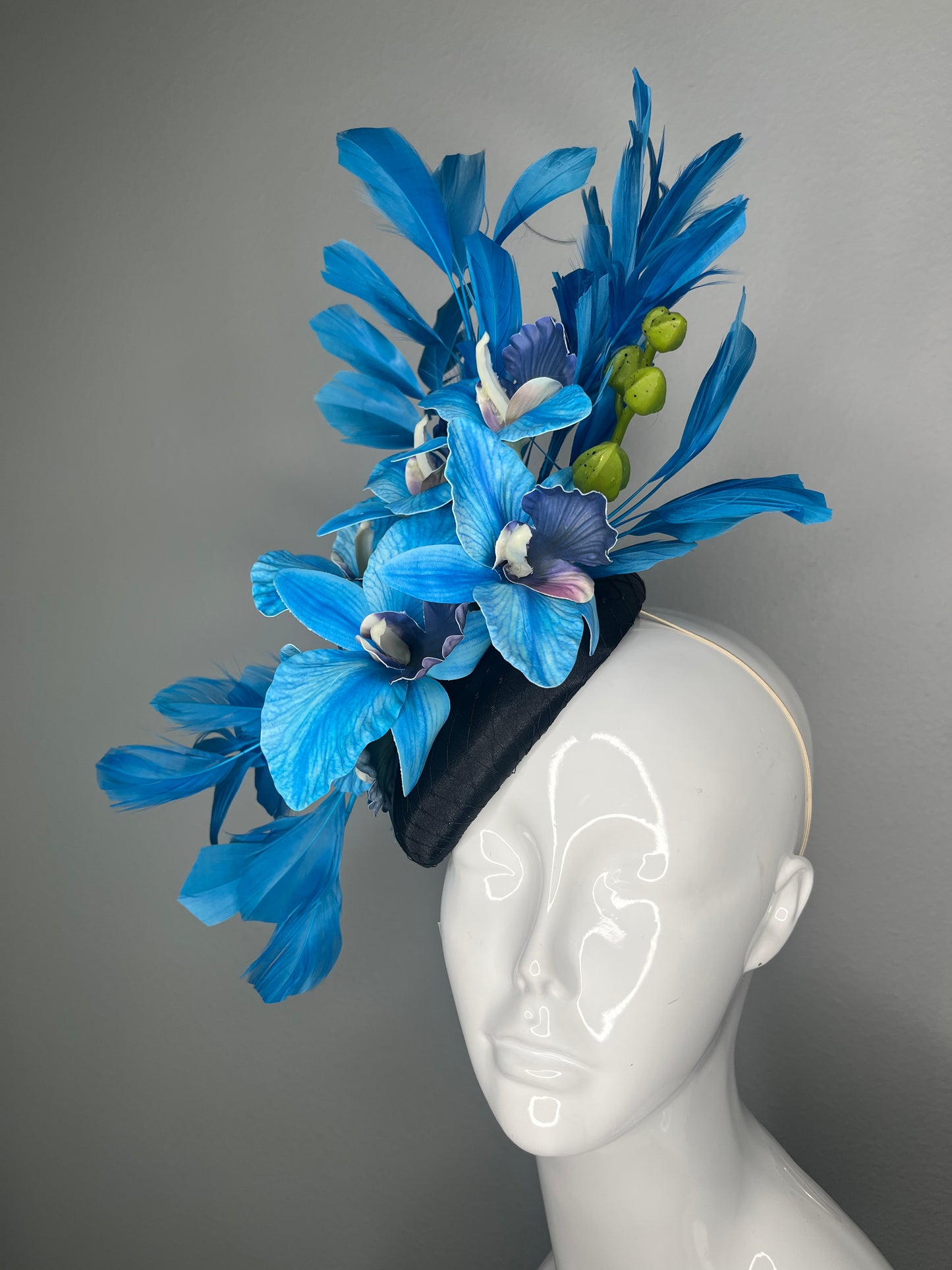 Black Satin Fascinator with Electric Blue Orchids Cobalt Feather Spray Green Orchid Buds Kentucky Derby Breeders Cup  Royal Ascot Hat