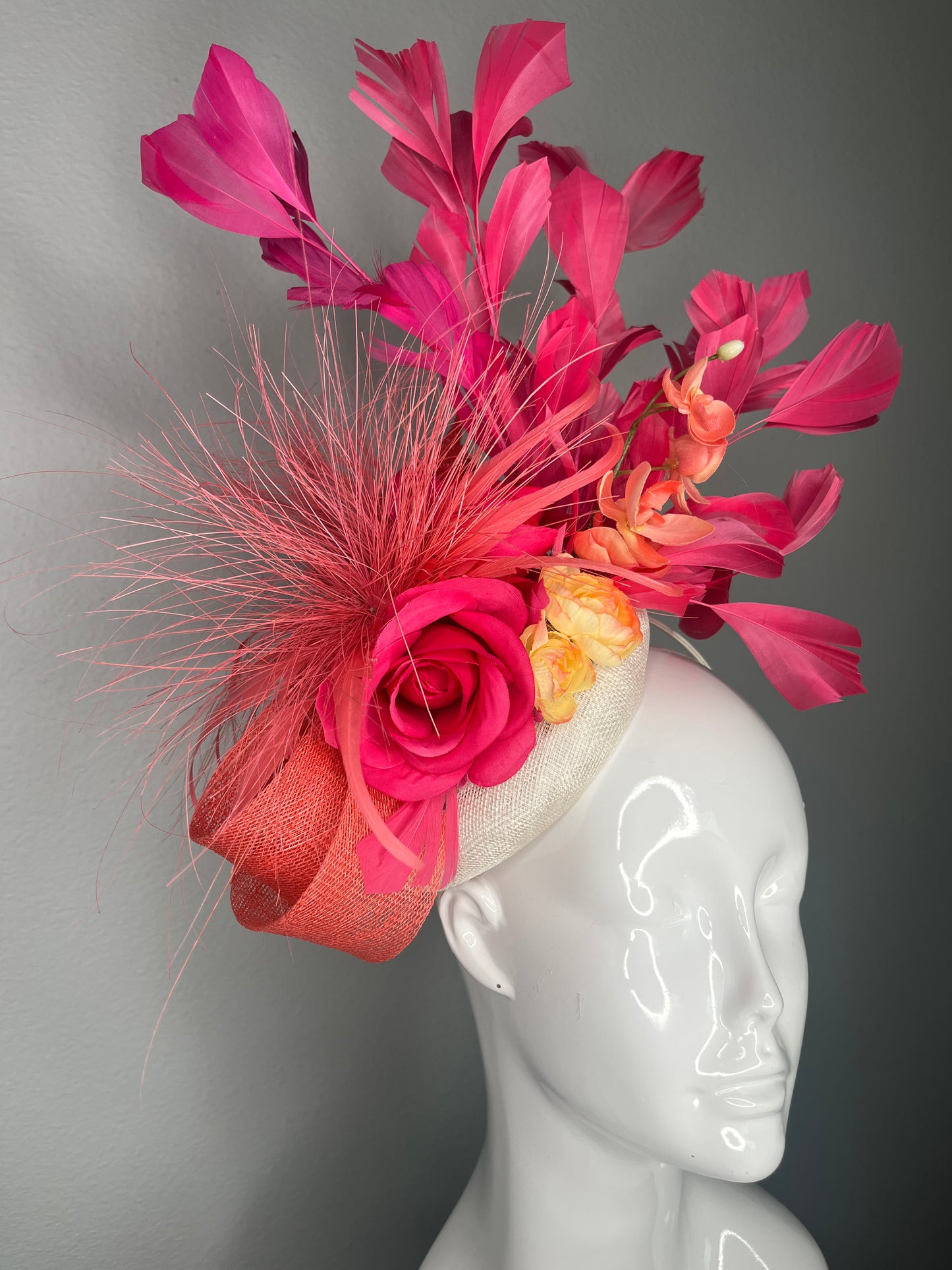 Ivory  Coral Sinamay Fascinator with Fuchsia Rose Coral Orchids  Feather Spray Hot Pink Coque Feathers  Kentucky Derby  Breeders Cup
