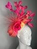 Ivory  Coral Sinamay Fascinator with Fuchsia Rose Coral Orchids  Feather Spray Hot Pink Coque Feathers  Kentucky Derby  Breeders Cup