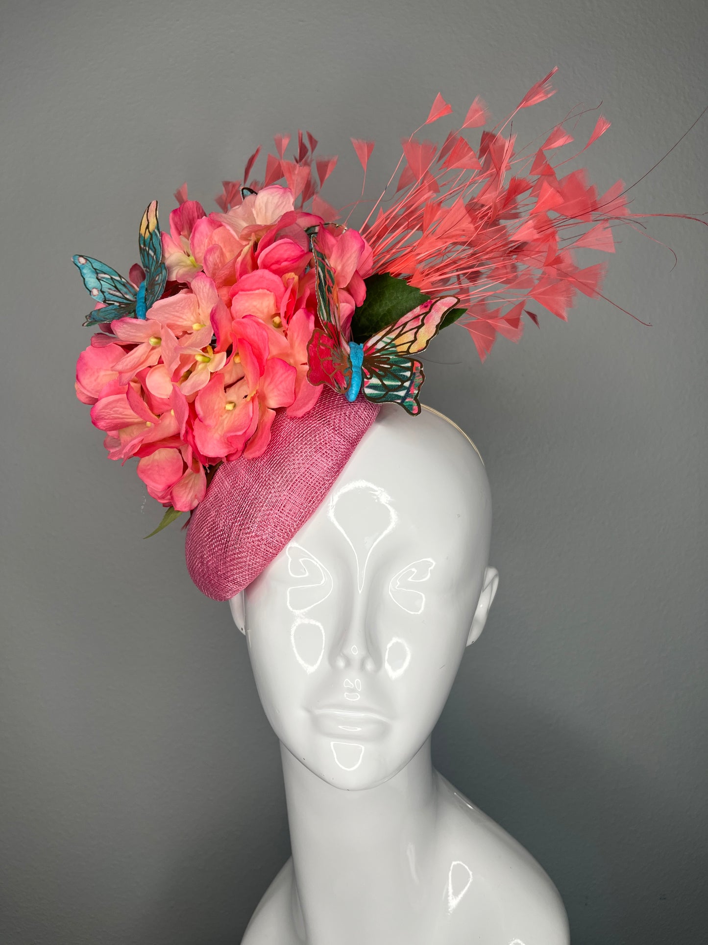 Pink Hydrangea Fascinator with Coral Feather Spray and  Butterflies