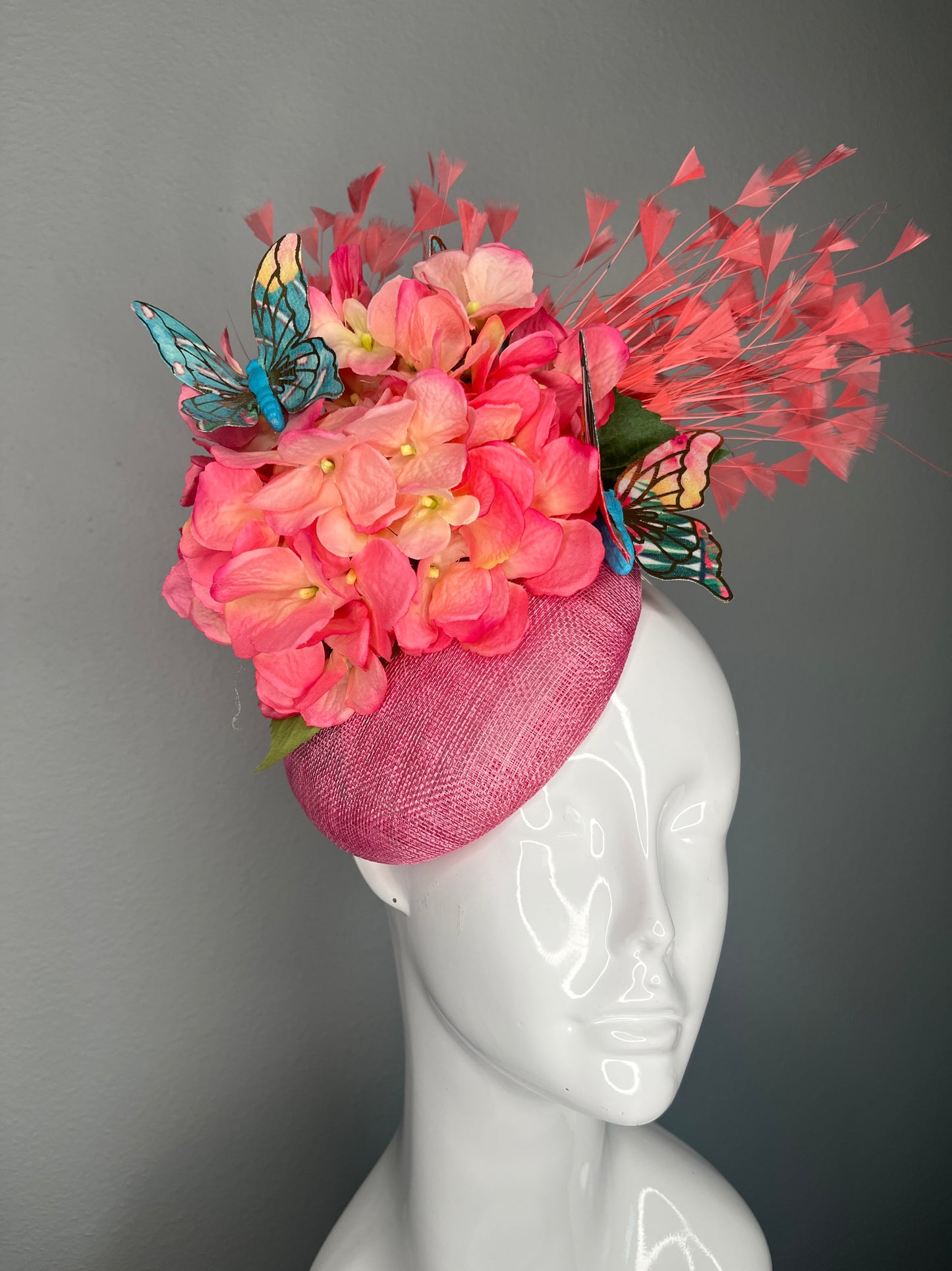 Pink Hydrangea Fascinator with Coral Feather Spray and  Butterflies
