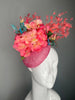 Pink Hydrangea Fascinator with Coral Feather Spray and  Butterflies