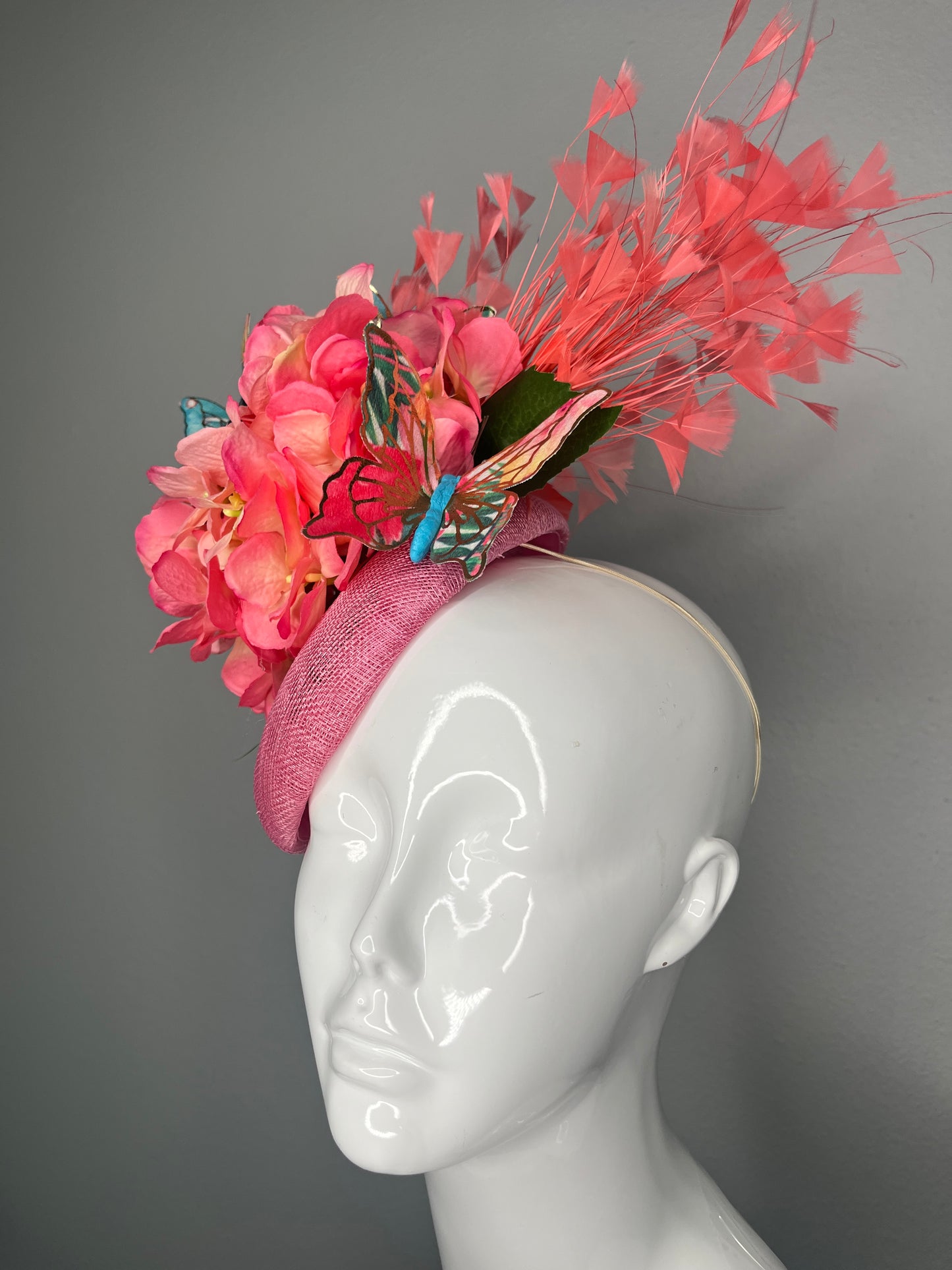 Pink Hydrangea Fascinator with Coral Feather Spray and  Butterflies