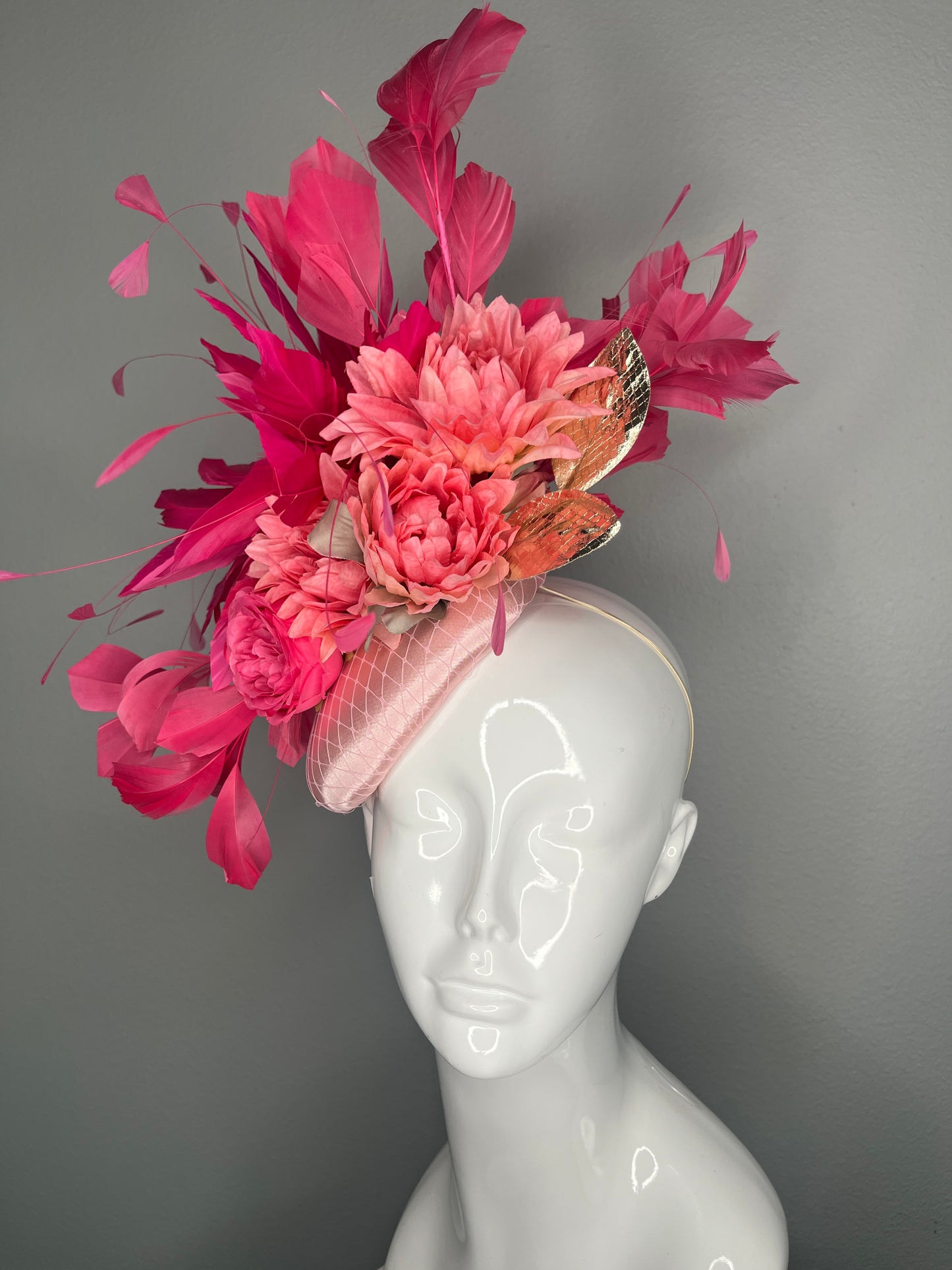 kentucky derby Blush Pink Fascinator with Fuchsia Feathers  Floral Blooms  Metallic Gold Leaves
