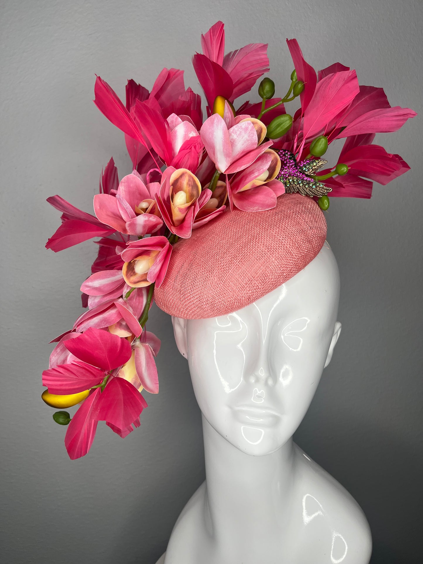 Pink Orchid and Feather Cascade Sinamay Fascinator with Jeweled Hummingbird