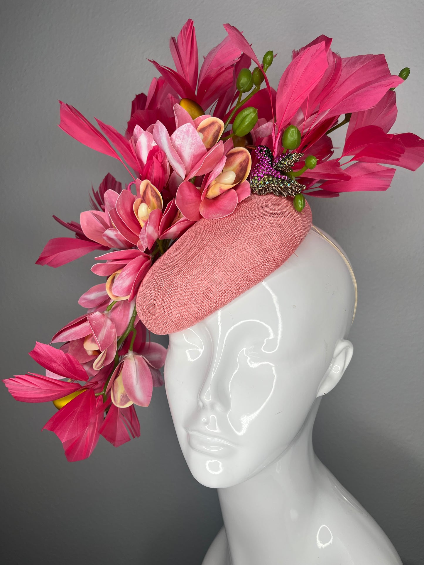 Pink Orchid and Feather Cascade Sinamay Fascinator with Jeweled Hummingbird