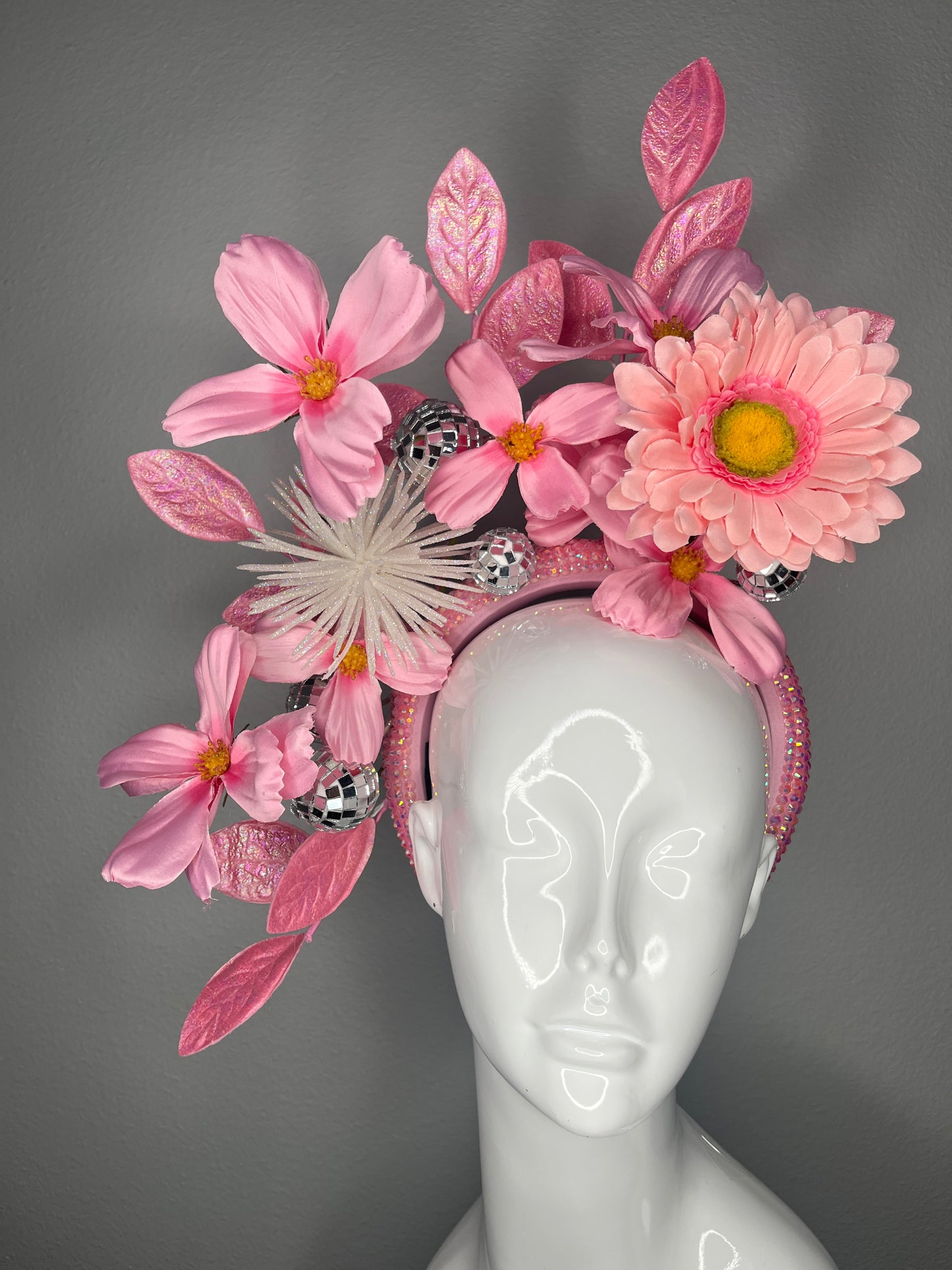Pink Floral Fascinator Headband with Disco Balls Crystals and Cascading Leaves