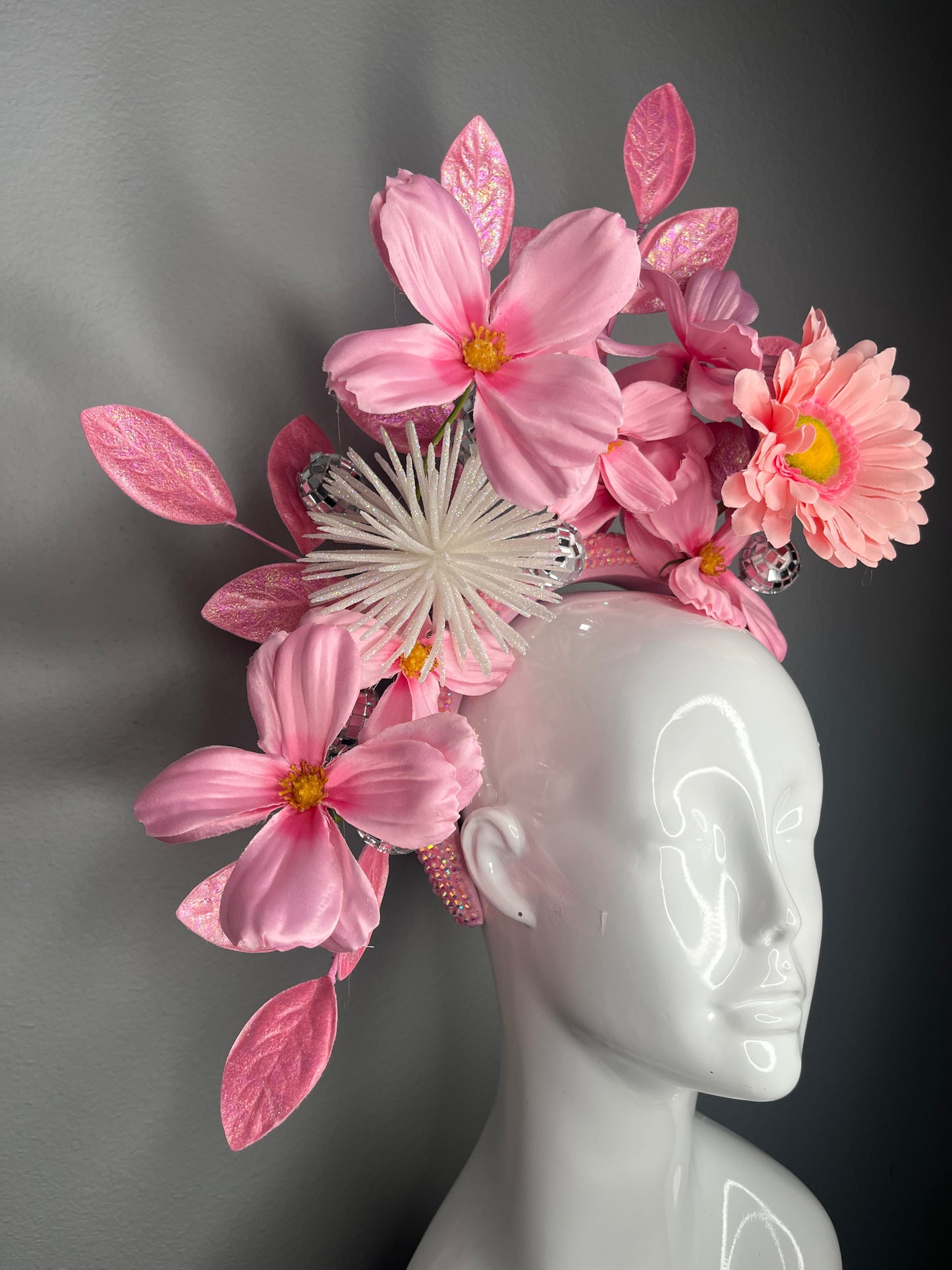 Pink Floral Fascinator Headband with Disco Balls Crystals and Cascading Leaves