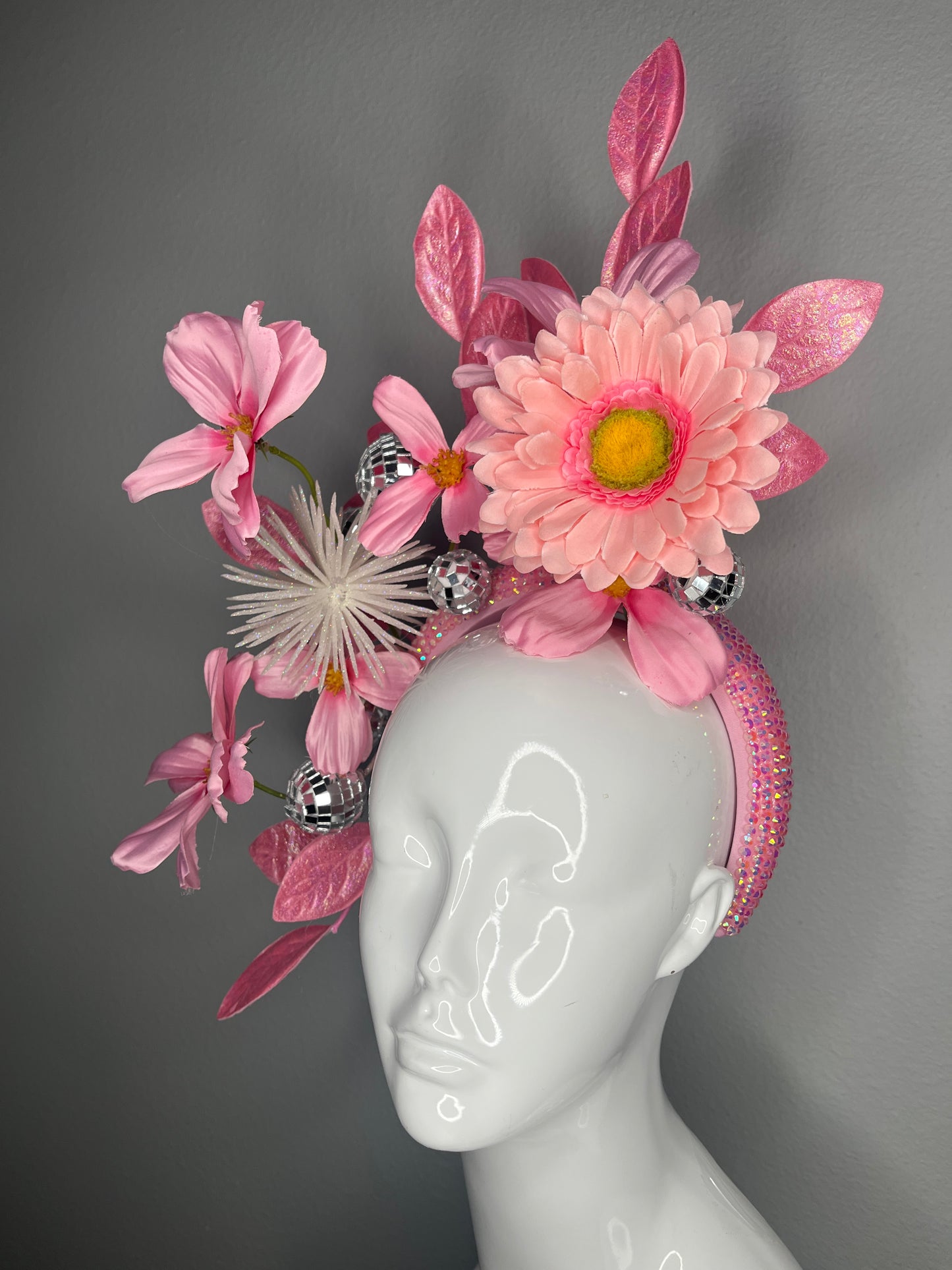 Pink Floral Fascinator Headband with Disco Balls Crystals and Cascading Leaves