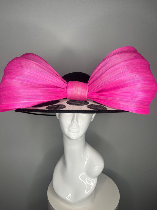 Audrey in Fuchsia Hand-Dyed Silk Abaca Couture Sinamay Polka Dot Hat