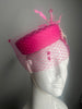 Fuchsia Pink Woven Pillbox Hat with Veiling, Feathers and Rhinestone and Pearl Embellishment