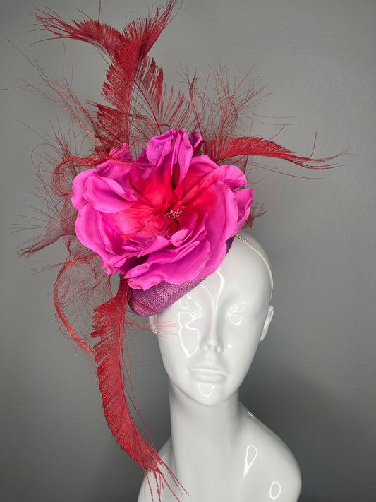 Fuchsia Pink and  Scarlet Red Floral Red Peacock Feathers Fascinator Hat
