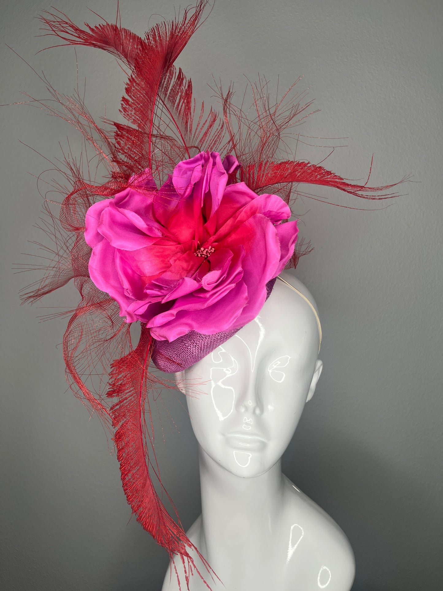 Fuchsia Pink and  Scarlet Red Floral Red Peacock Feathers Fascinator Hat