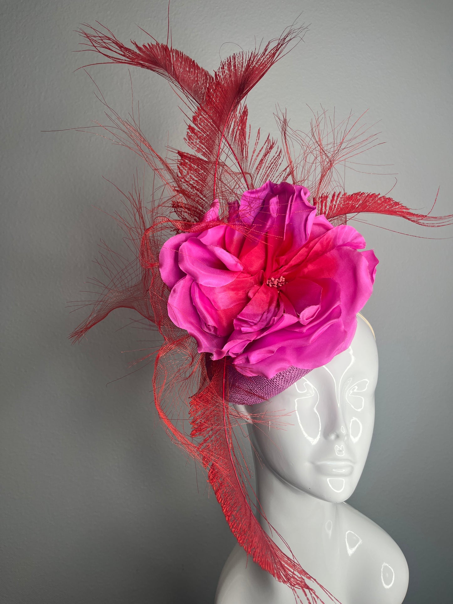 Fuchsia Pink and  Scarlet Red Floral Red Peacock Feathers Fascinator Hat
