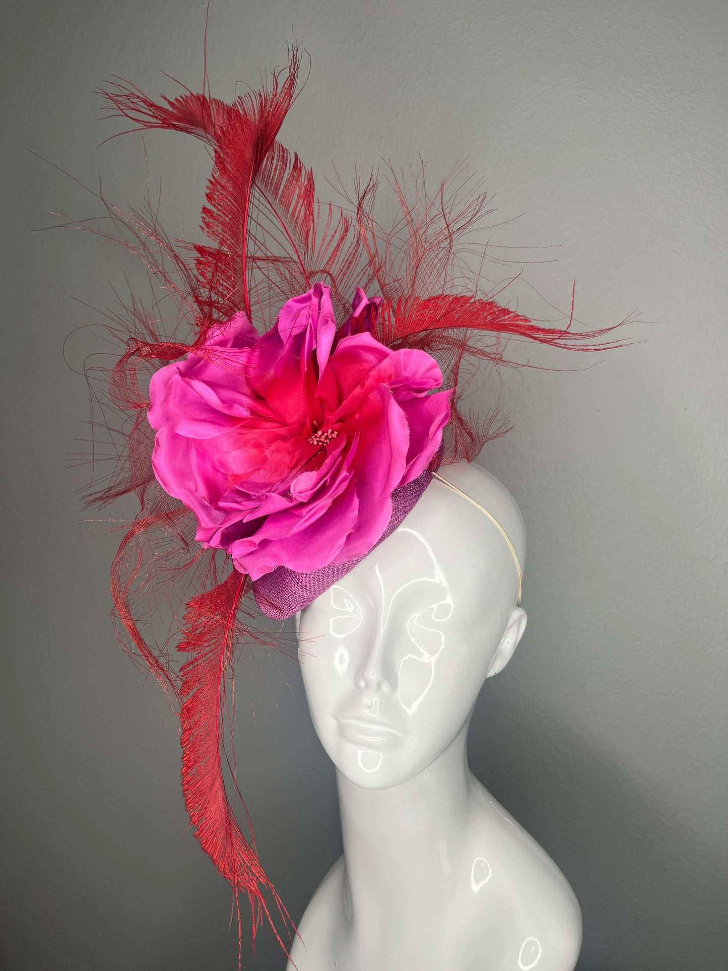 Fuchsia Pink and  Scarlet Red Floral Red Peacock Feathers Fascinator Hat