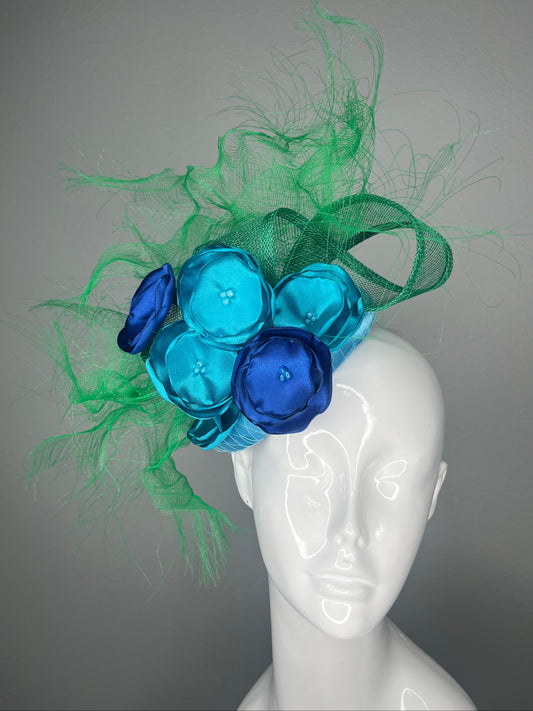 Turquoise Blue and Royal Blue Floral Fascinator with Green Sculptural Sinamay Accents