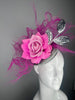Pink Rose and Silver Leaf Fascinator with Fuchsia Pink Accents Hat
