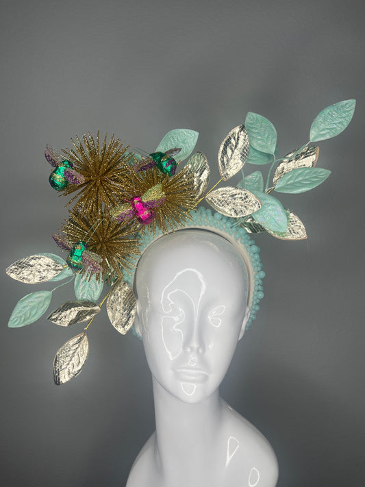 Enchanted Garden Mint and Gold Bee Headpiece Headband