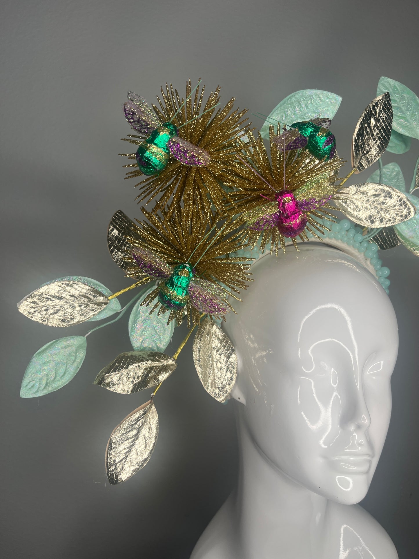 Enchanted Garden Mint and Gold Bee Headpiece Headband