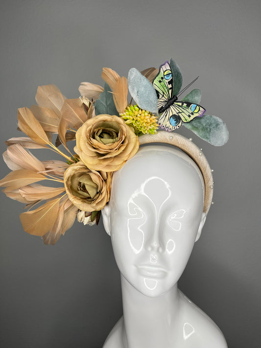 Golden Garden Butterfly Fascinator with Florals and Feathers Headpiece Fascinator