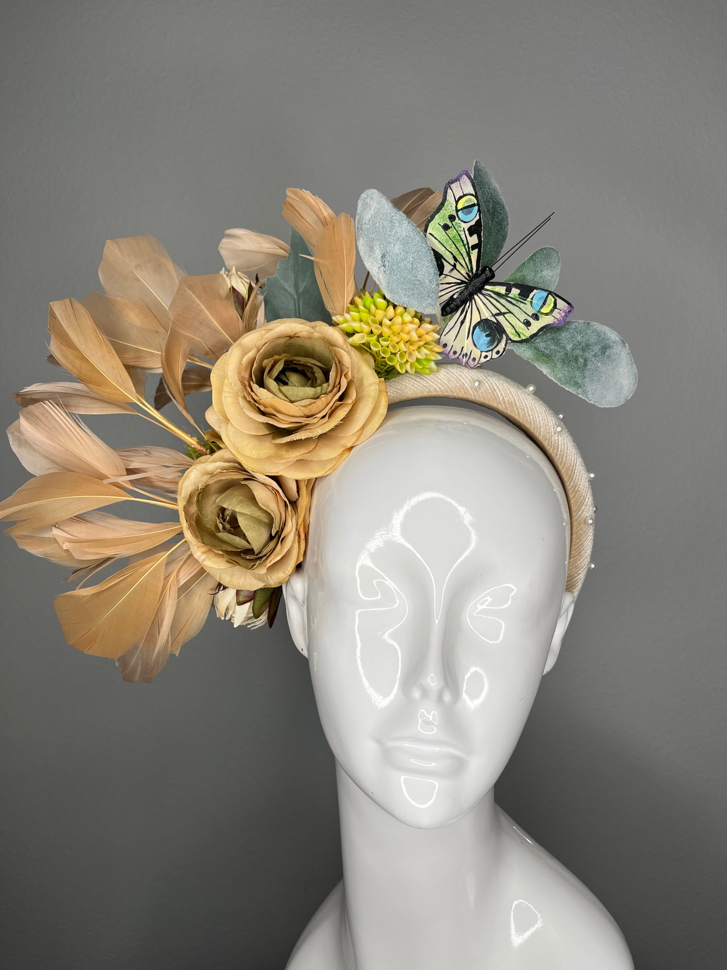 Golden Garden Butterfly Fascinator with Florals and Feathers Headpiece Fascinator