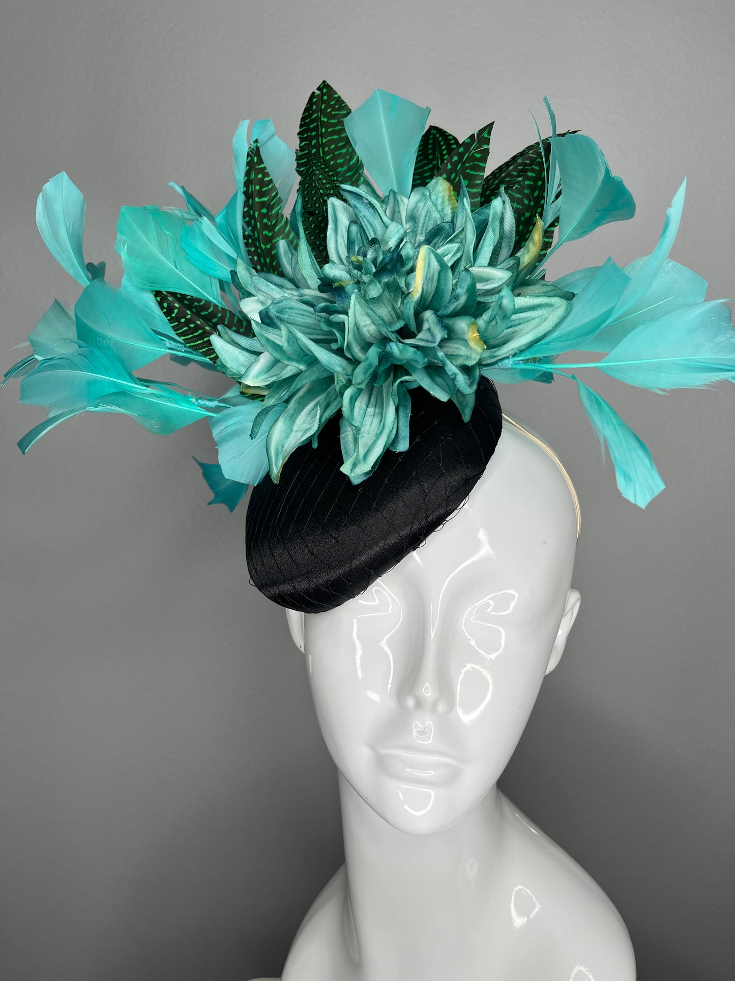 Black  Fascinator with Aqua Blue Green Florals and Turquoise Feathers Hat Kentucky Derby
